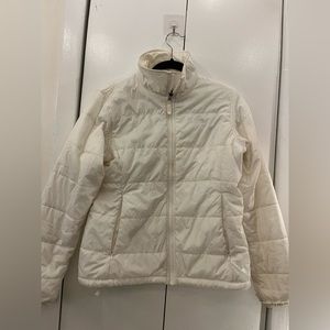 The North Face women’s white zip up puffer jacket